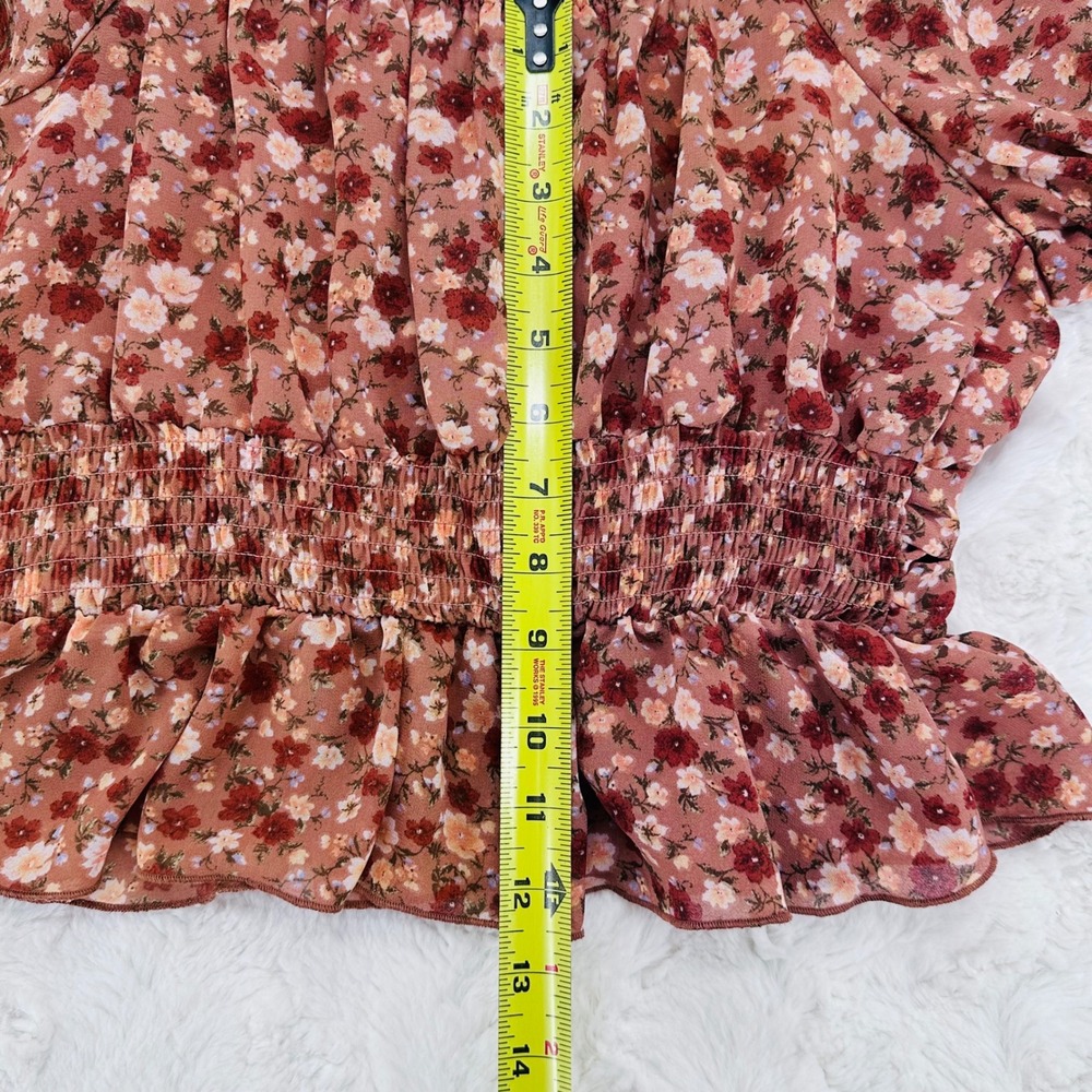 Evolutionary Floral Smocked Peplum Top Brown Pink Sweetheart Puff Sleeve Medium - Picture 9 of 9